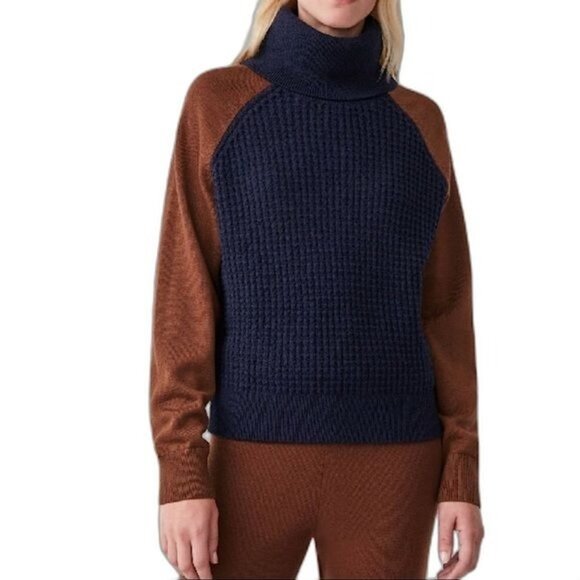 COS Wool Cotton Colorblock Waffle Turtleneck Sweater Navy Blue Rust - Picture 1 of 10